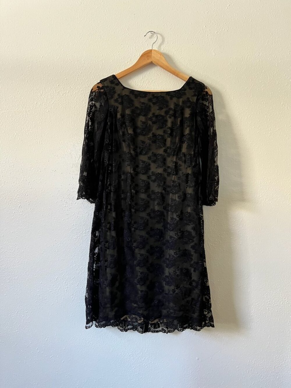 True Vintage 1960's black lace knee-length shift dress with 3/4 sleeves